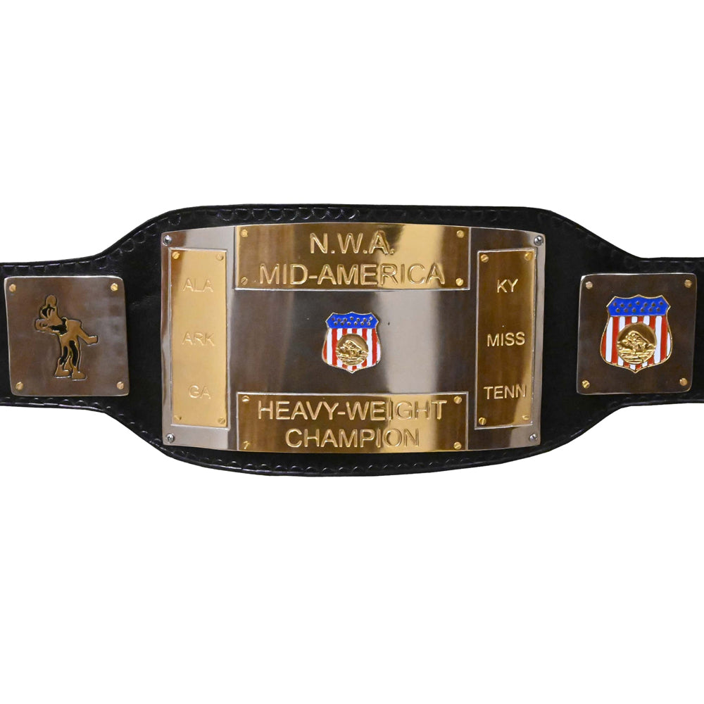 NWA Mid-America championship replica belt with gold plates and black leather strap from Wrestling Title Belts