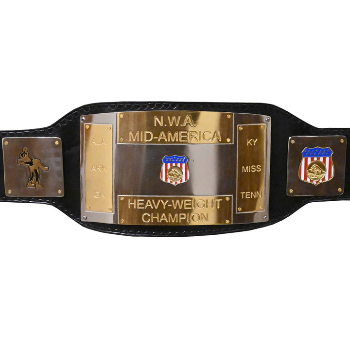 NWA Mid-America championship replica belt with gold plates and black leather strap from Wrestling Title Belts