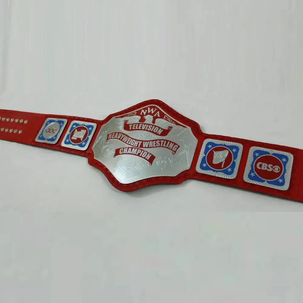 NWA Television Championship belt with red strap and silver heavyweight wrestling champion plate