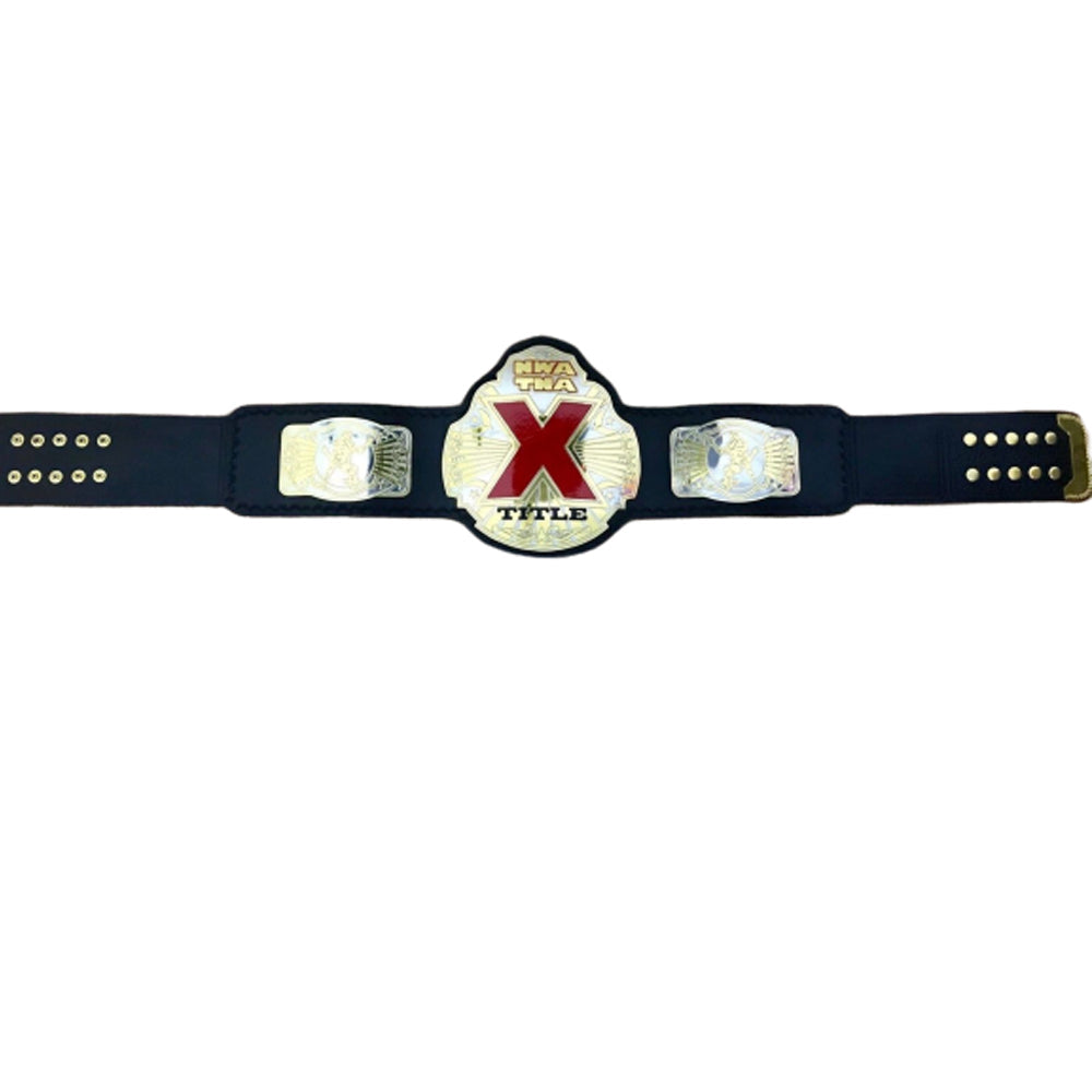 NWA TNA X Division championship belt with black strap and gold plated plates from Wrestling Title Belts
