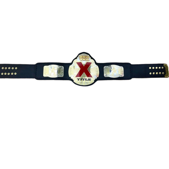 NWA TNA X Division championship belt with black strap and gold plated plates from Wrestling Title Belts