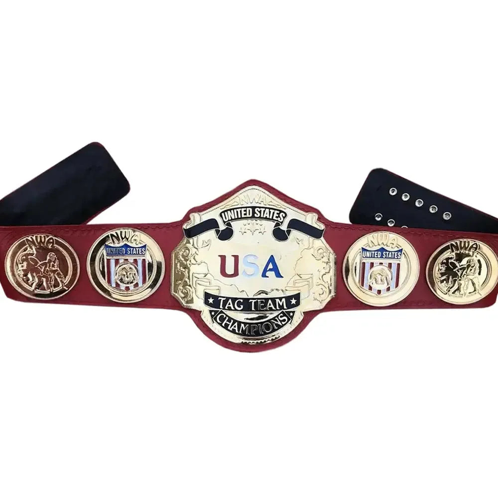 Nwa United States tag team replica belt by Wrestling Title Belts featuring gold plates on red leather strap