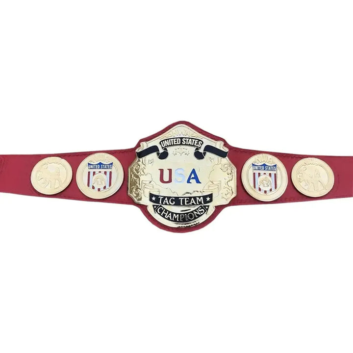Nwa United States tag team replica belt with red strap and detailed gold plates