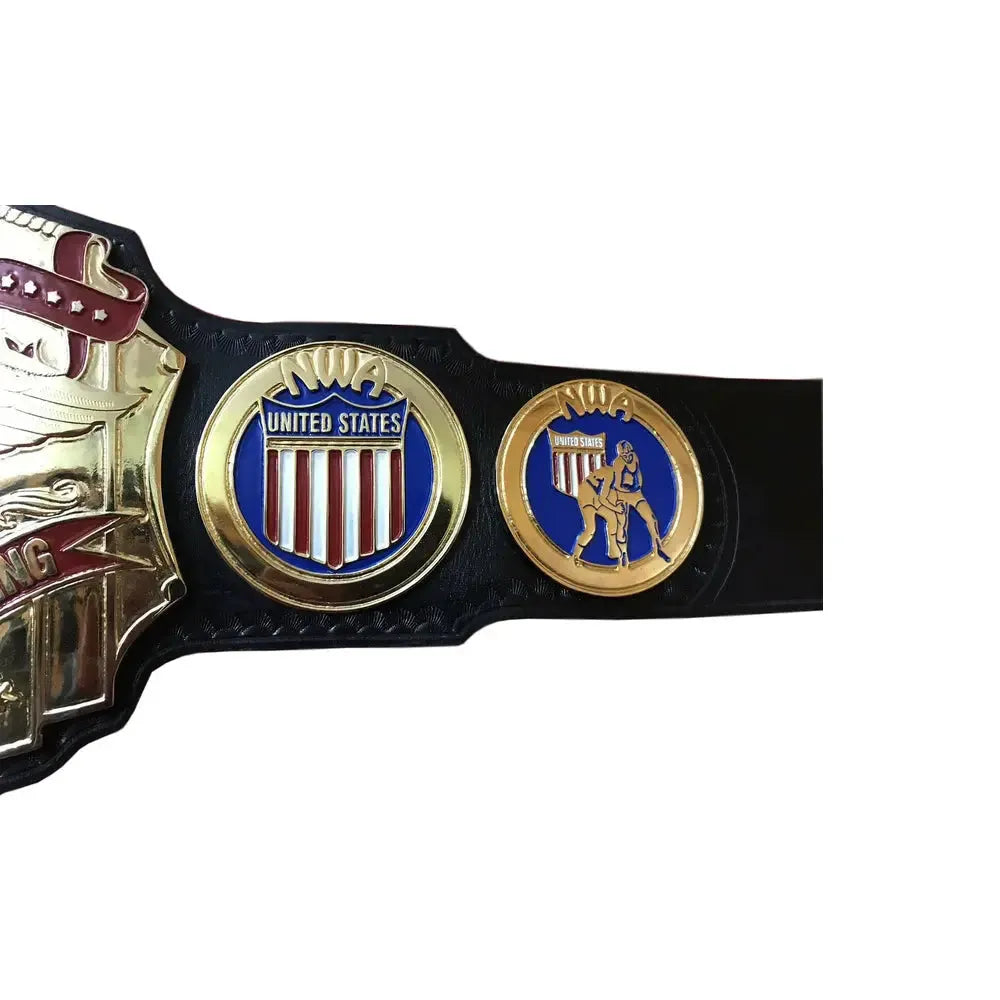 NWA United States wrestling championship belt side plates with gold and blue detailing on black leather strap