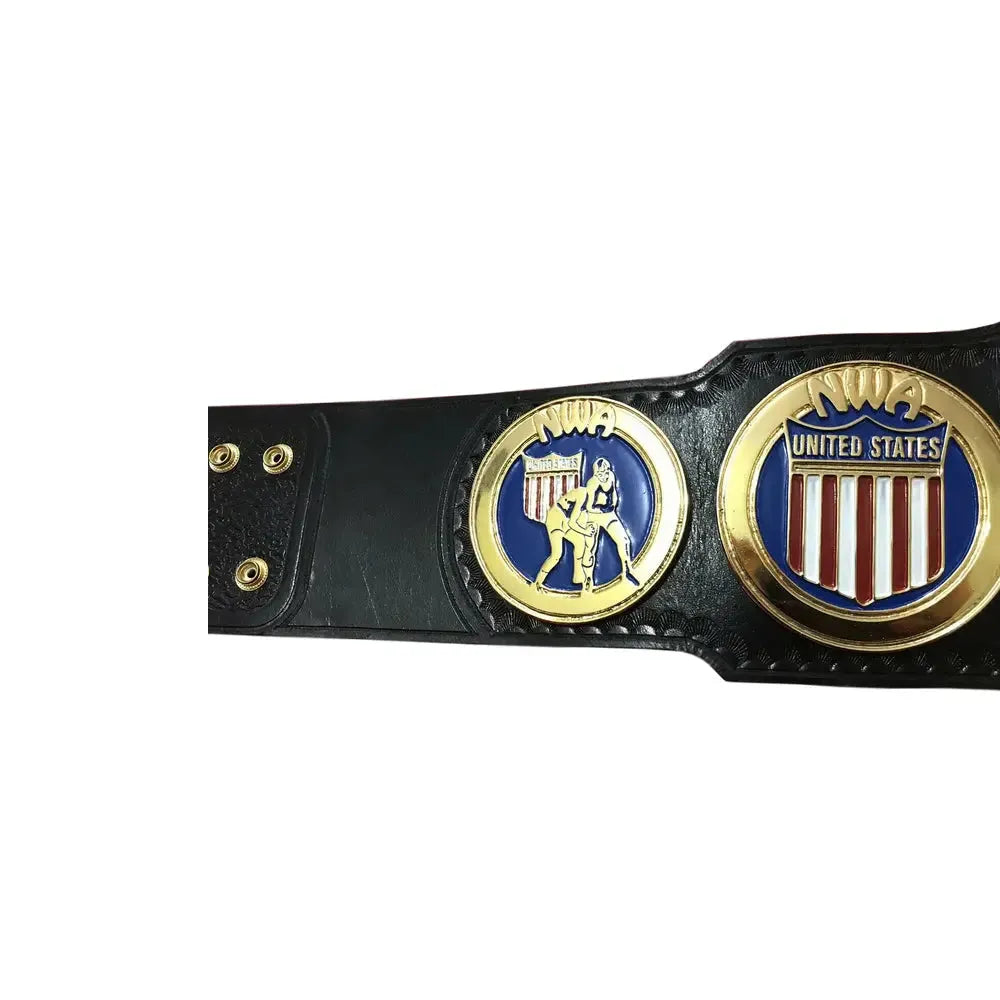 NWA United States wrestling championship belt with gold and blue detailed plates on black leather strap