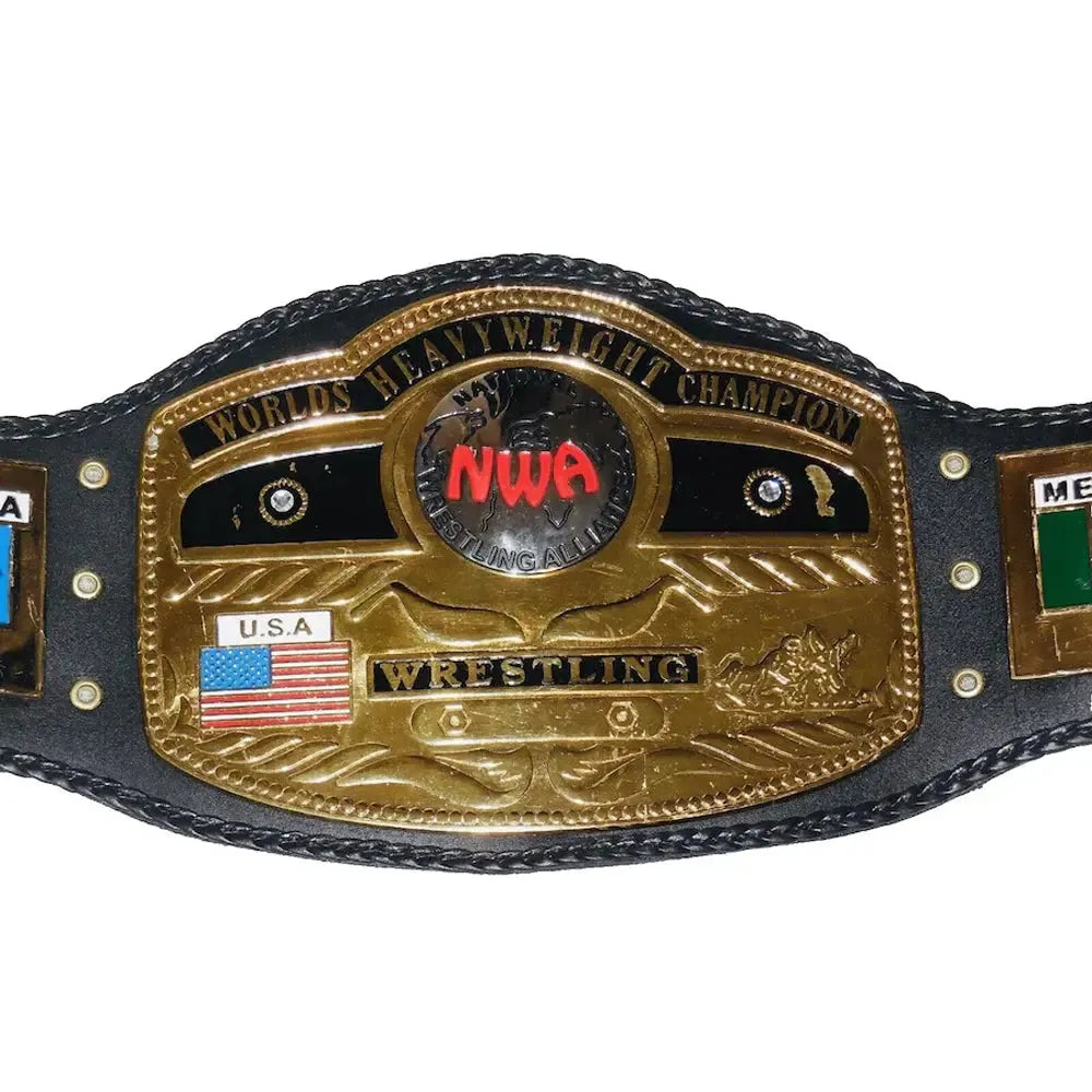 NWA world heavyweight championship replica belt with gold plate and black strap from Wrestling Title Belts