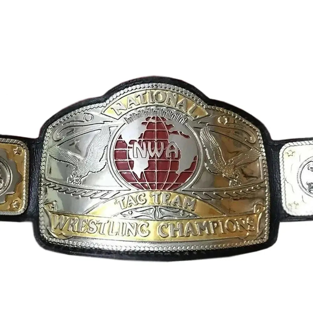 NWA World Tag Team Championship replica belt with detailed silver and gold plating on black strap