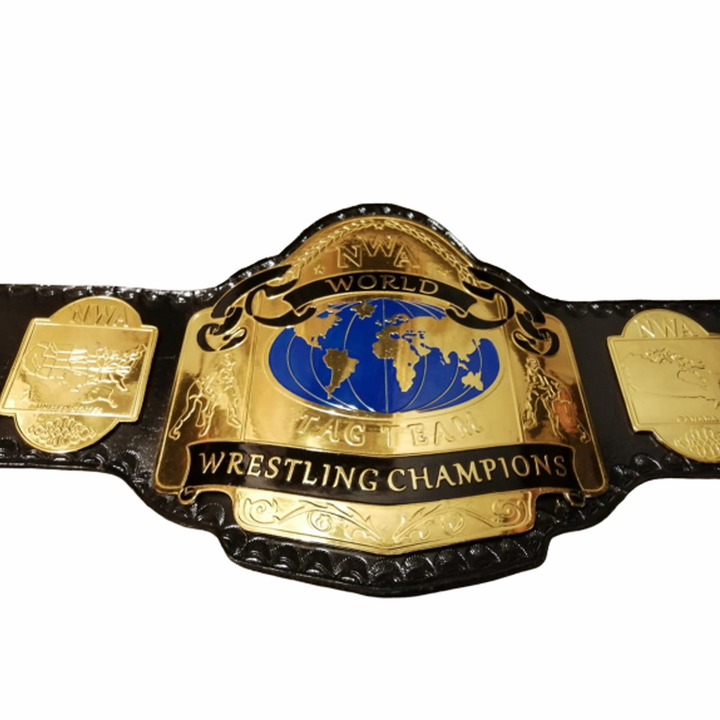 NWA World Tag Team Championship replica belt with gold plates and black leather strap from Wrestling Title Belts