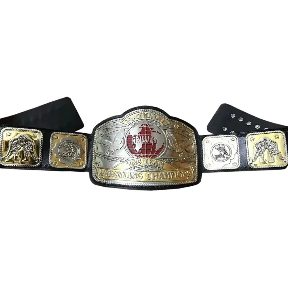 NWA World Tag Team Championship replica belt with detailed gold and silver plates on black leather strap