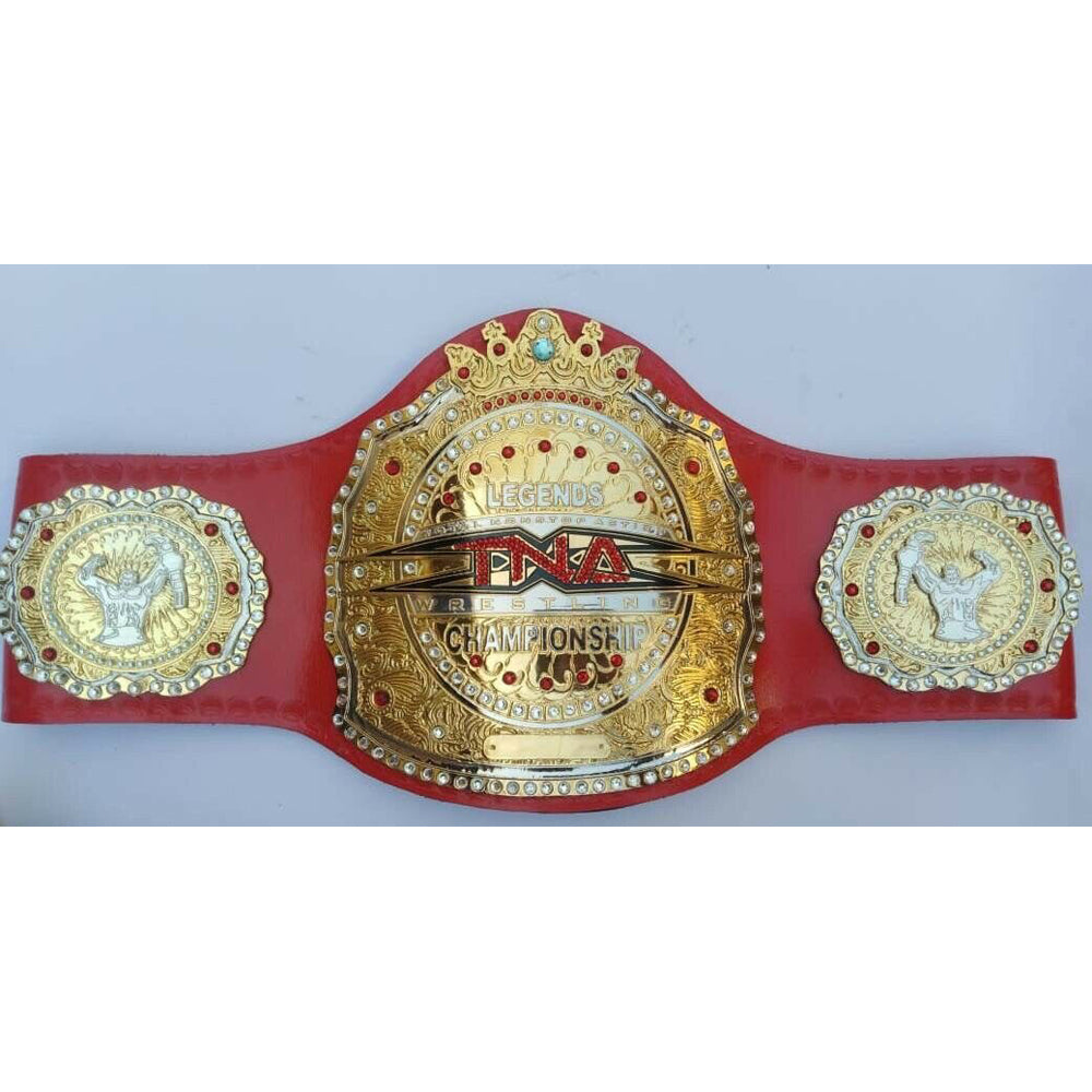 TNA Legends championship belt with gold plates and red leather strap from Wrestling Title Belts