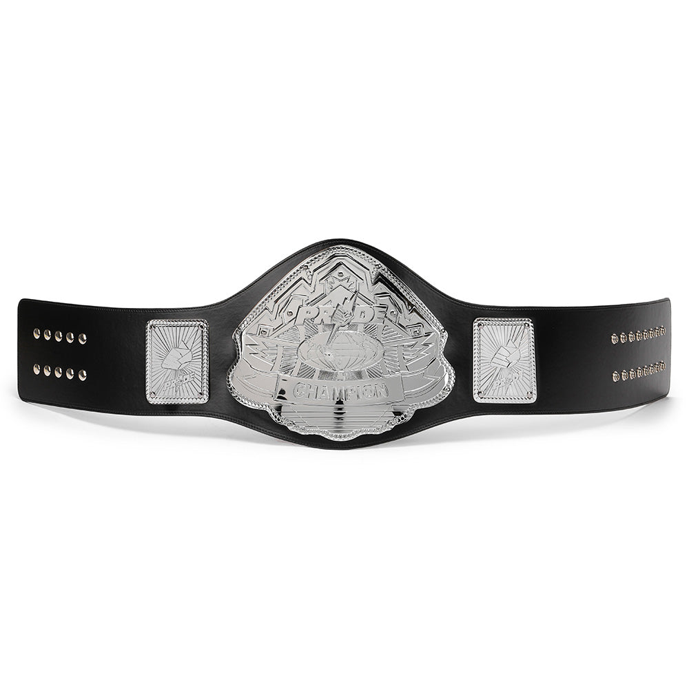 Pride style MMA belt for sale with silver plates and black leather strap by Wrestling Title Belts