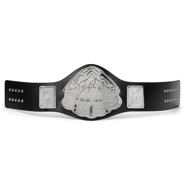 Pride style MMA belt for sale with silver plates and black leather strap by Wrestling Title Belts