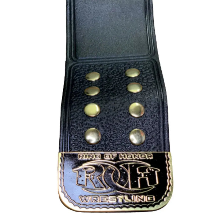 Ring of Honor championship belt for sale with black leather strap and gold plated logo plate