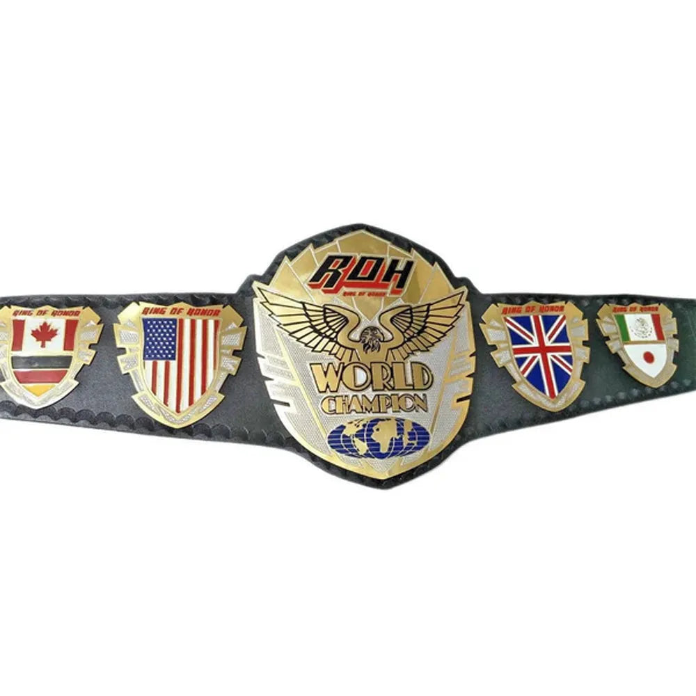 Ring of Honor championship belt with gold plates and flags from Canada USA UK and Mexico