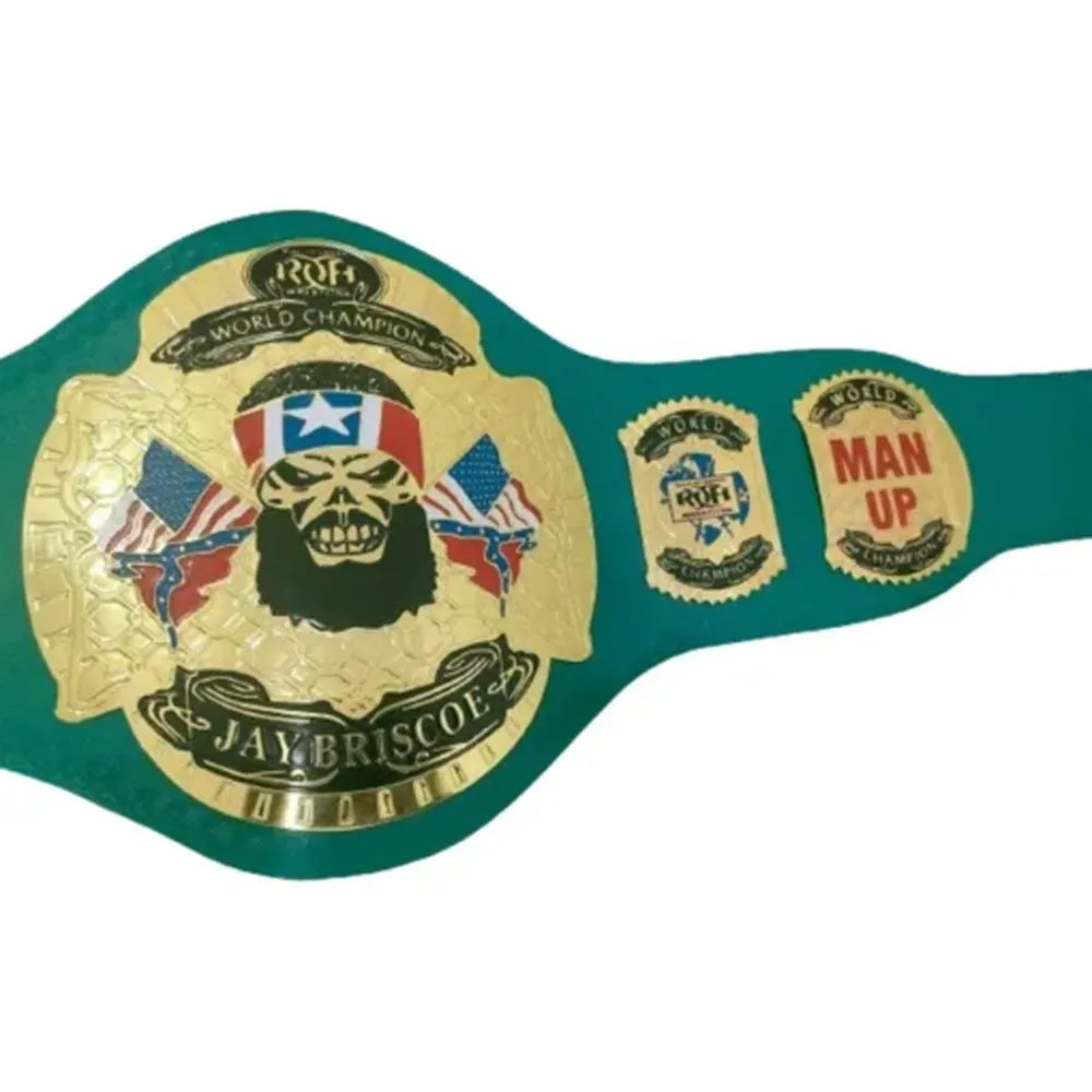 ROH replica championship belt with gold plates and green strap featuring Jay Briscoe design