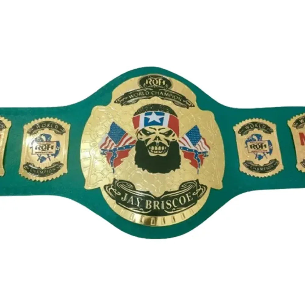 ROH replica championship belt featuring Jay Briscoe design with gold plates and green strap