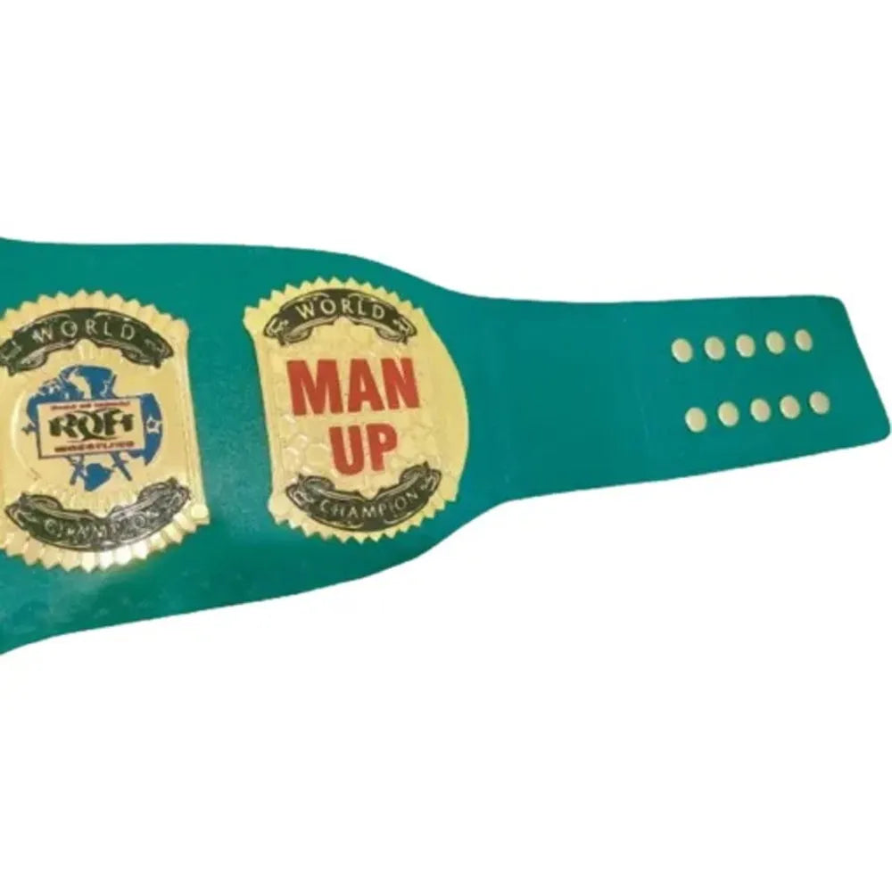 ROH replica championship belt with green strap and gold world champion plates by Wrestling Title Belts