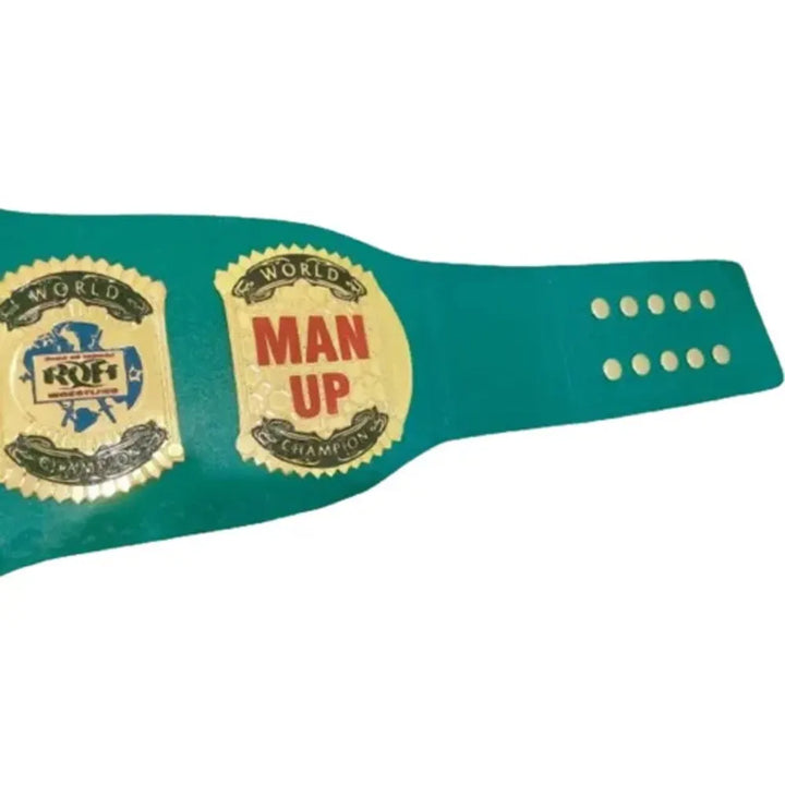 ROH replica championship belt with green strap and gold world champion plates by Wrestling Title Belts