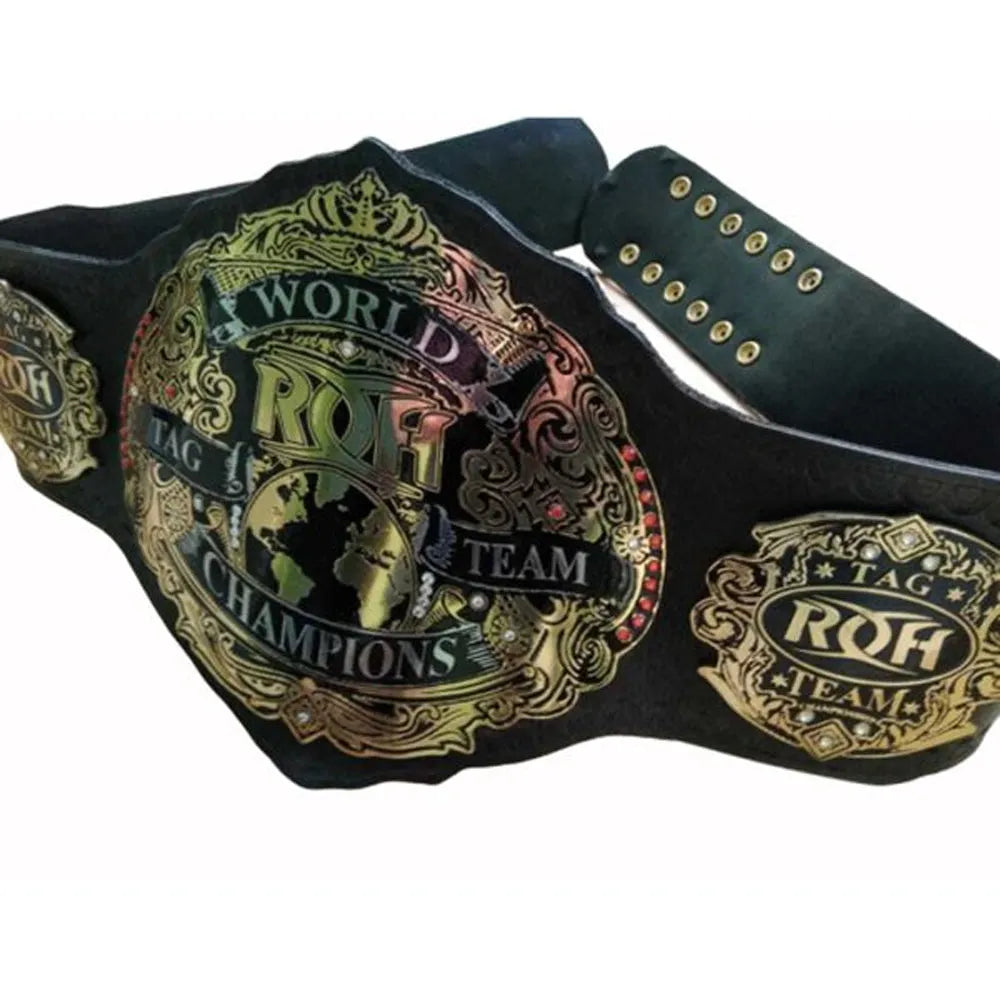 ROH replica championship belt with black leather strap and gold detailed world tag team champion plates