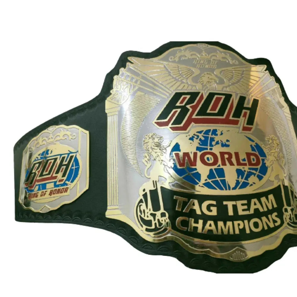 ROH tag team championship belt replica with gold plating and black leather strap from Wrestling Title Belts