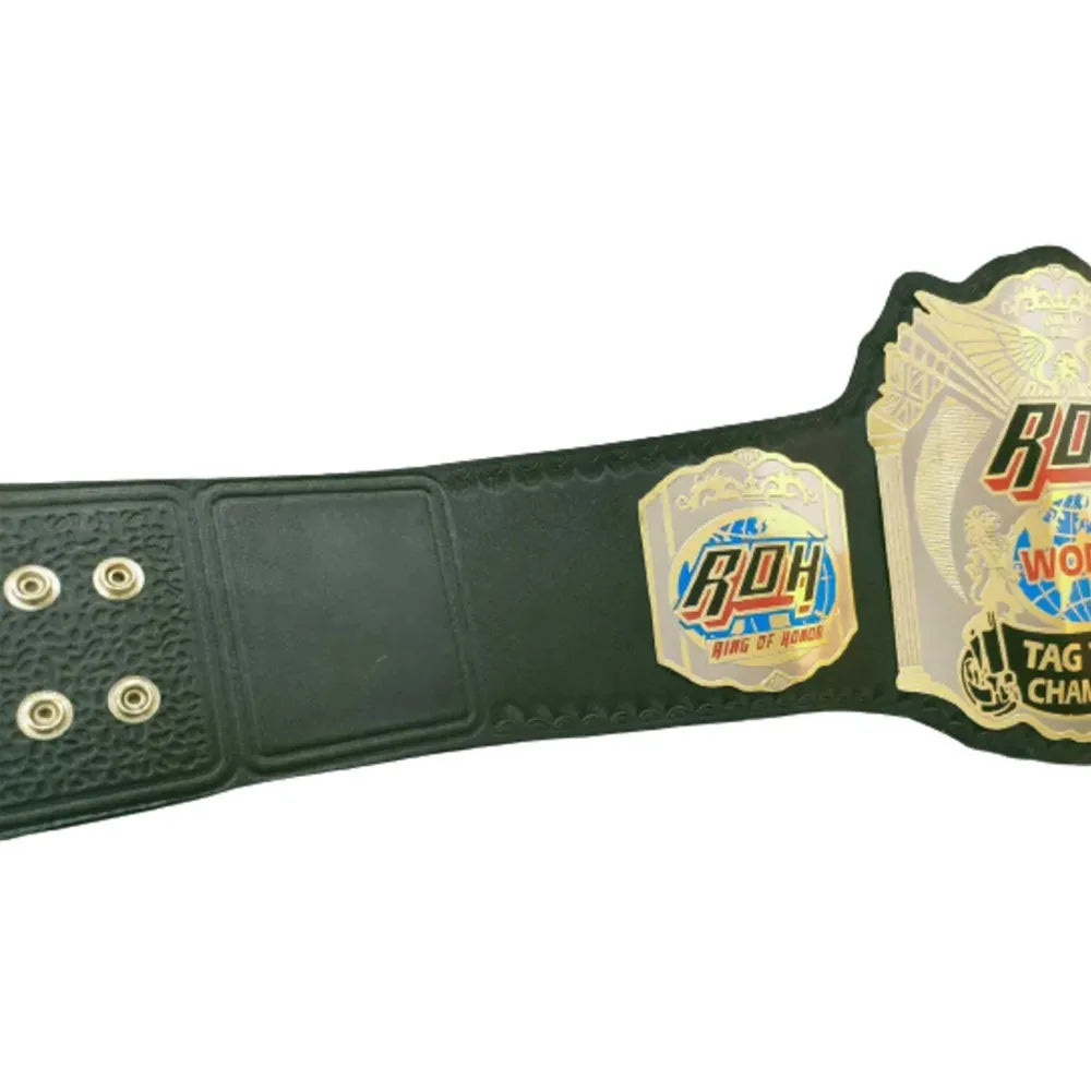 ROH tag team championship belt replica with detailed gold plates and black leather strap