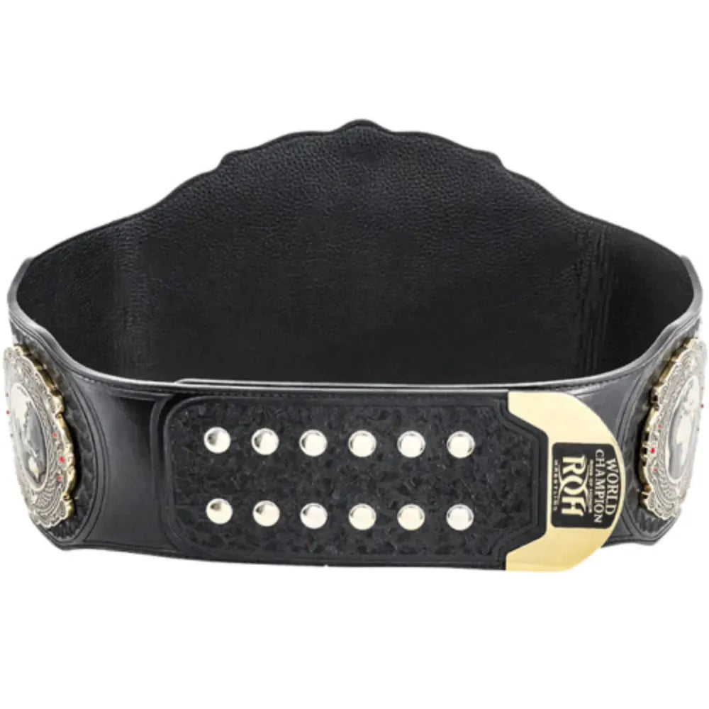 ROH World Championship replica belt with black leather strap and gold detailed side plates