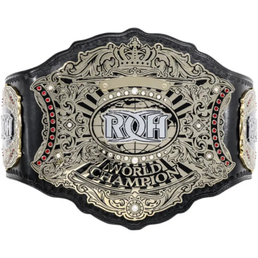 ROH World Championship replica belt with intricate gold detailing and black leather strap