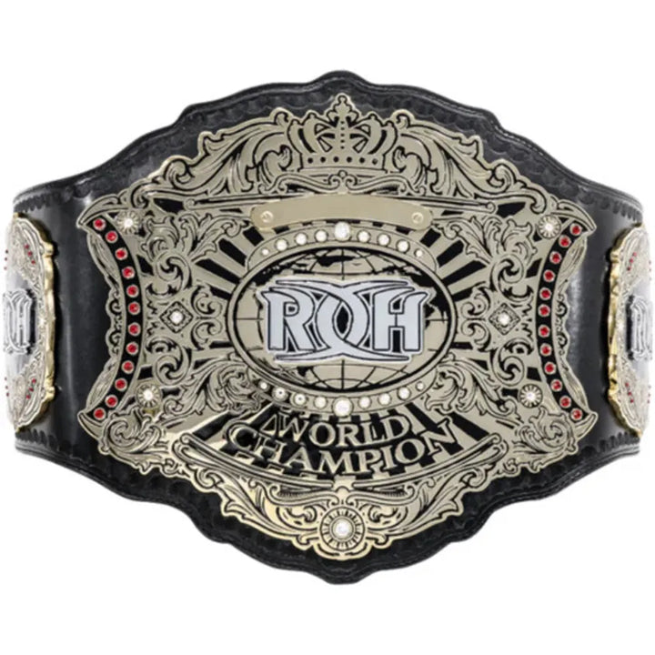 ROH World Championship replica belt with intricate gold detailing and black leather strap