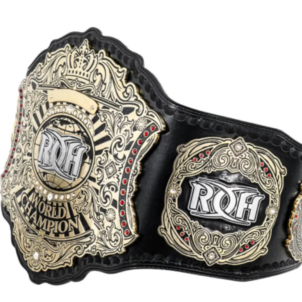 ROH World Championship replica belt with detailed gold and black design from Wrestling Title Belts