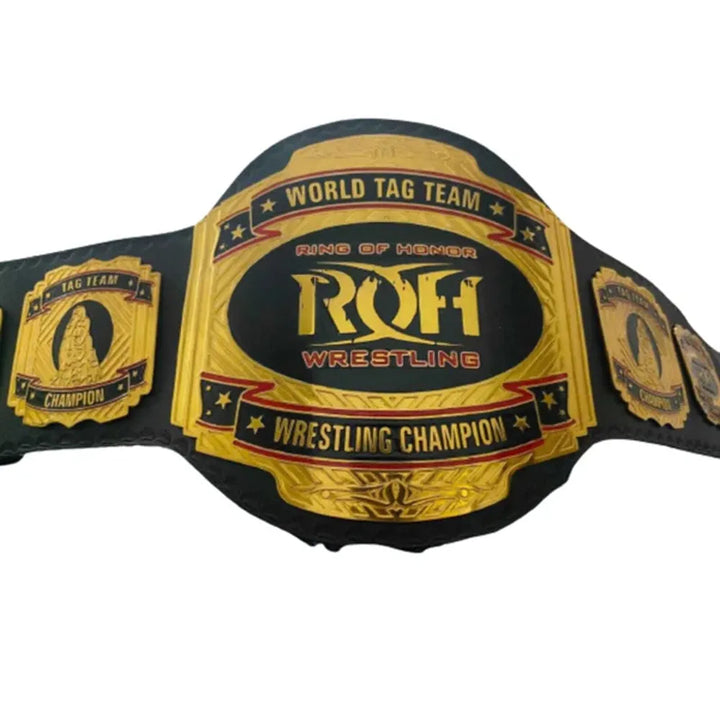 ROH World Tag Team Title replica championship belt with gold plates and black strap from Wrestling Title Belts