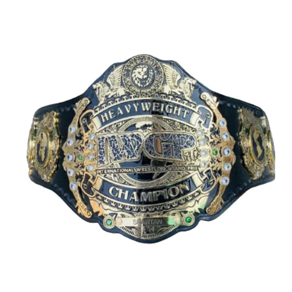 IWGP Heavyweight Championship replica belt with gold and black detailed design from Wrestling Title Belts