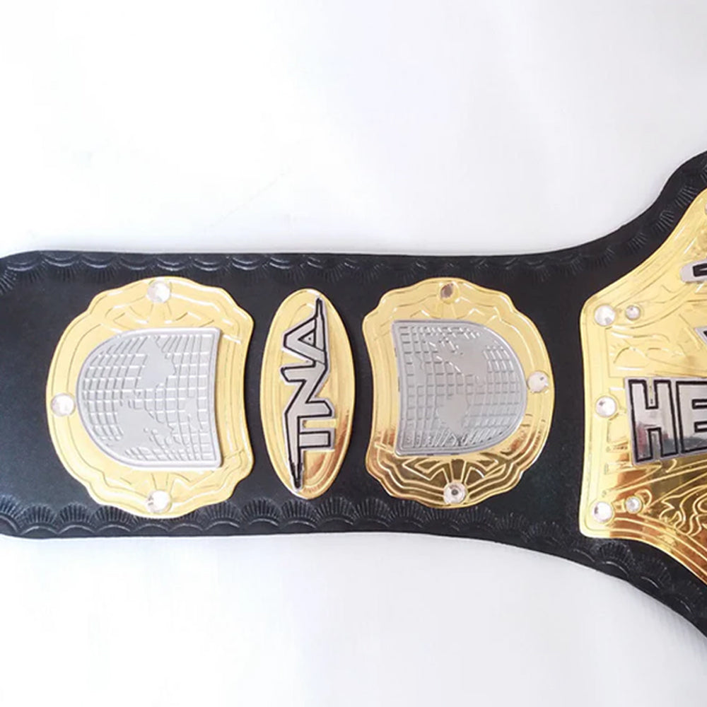 TNA heavyweight championship belt with gold and silver plates on black leather strap