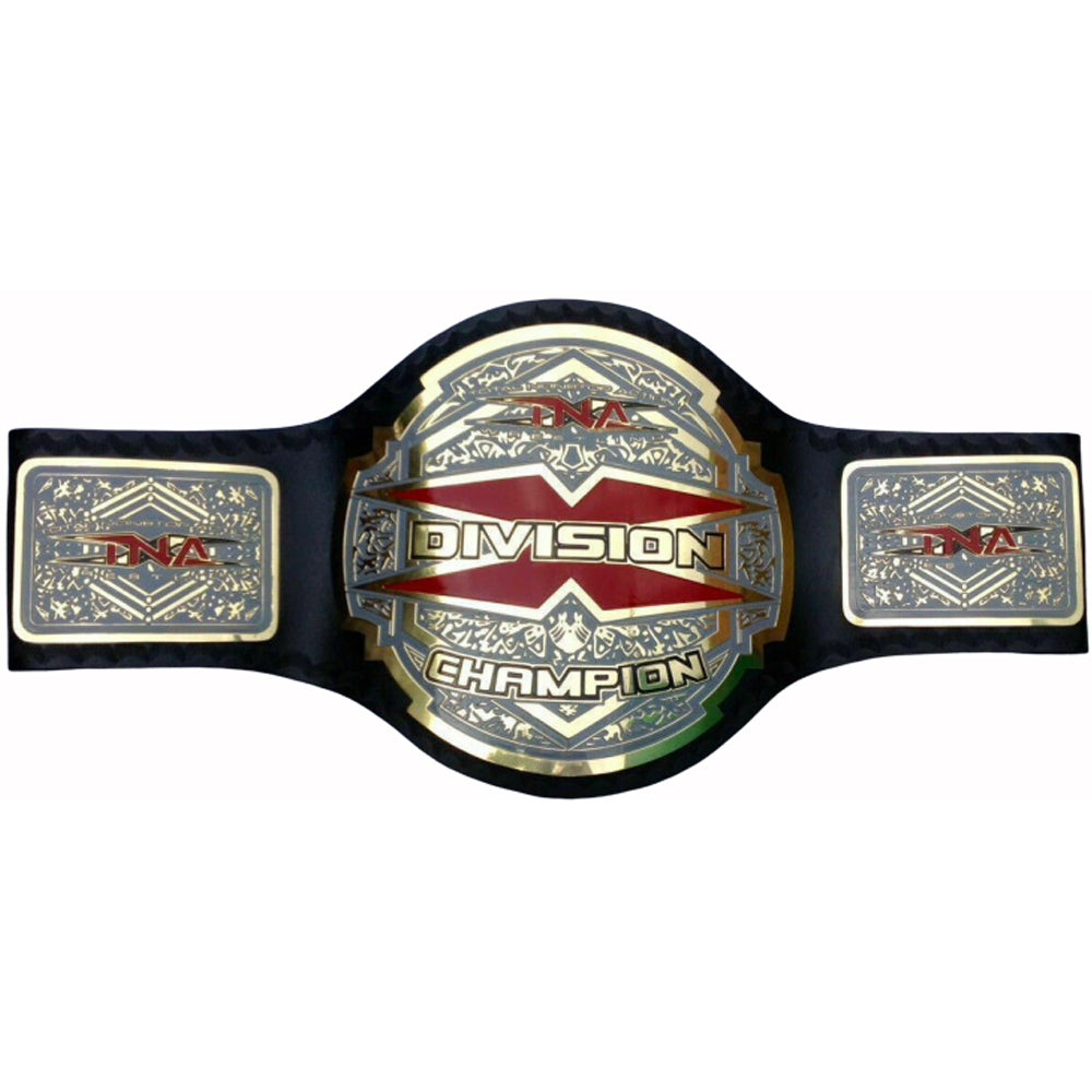 TNA Impact World Championship belt with gold and red detailed plates on black strap from Wrestling Title Belts