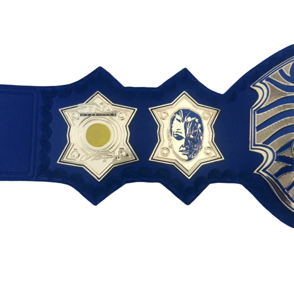 TNA Jeff Hardy championship belt replica with detailed side plates and blue strap by Wrestling Title Belts
