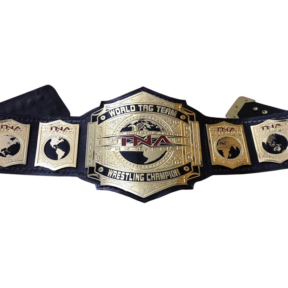 TNA tag team championship belt with gold plates and black leather strap from Wrestling Title Belts