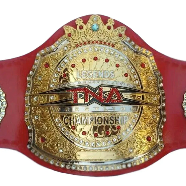 TNA Tag Team Championship replica belt with gold detailing and red leather strap by Wrestling Title Belts