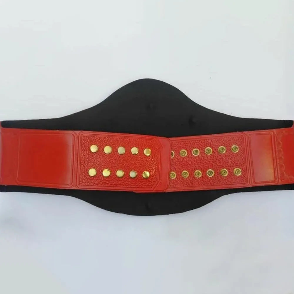 Back view of TNA Tag Team Championship replica belt with red strap and gold studs from Wrestling Title Belts