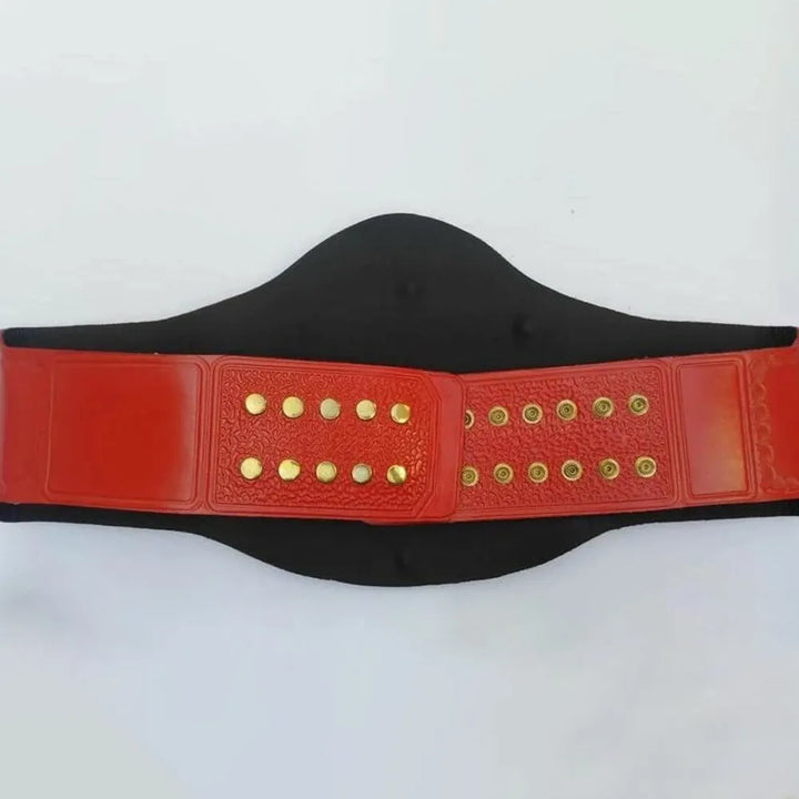 Back view of TNA Tag Team Championship replica belt with red strap and gold studs from Wrestling Title Belts