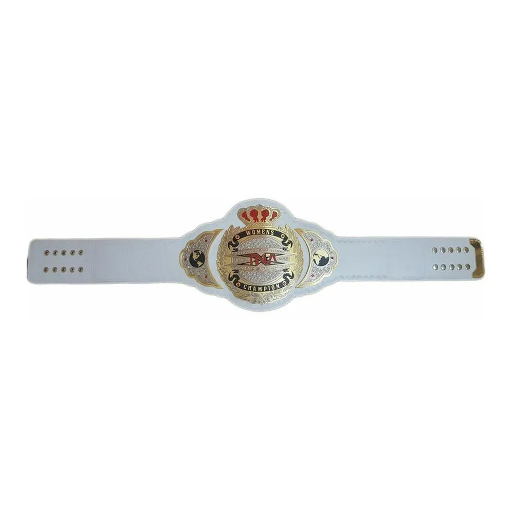 TNA womens championship belt with white strap and detailed gold and red center plate