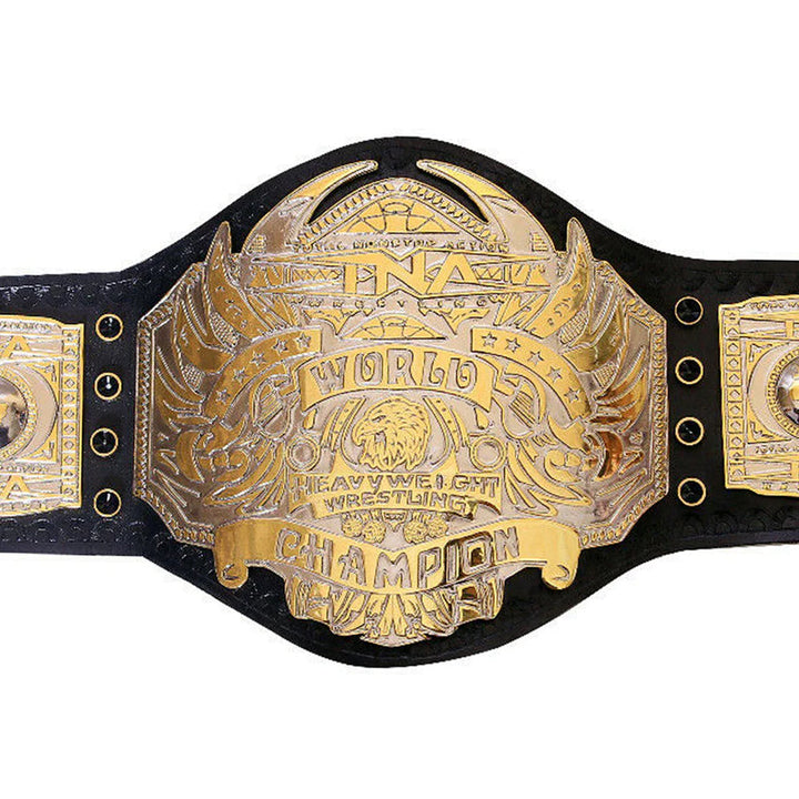 TNA World Heavyweight Championship belt with gold plated center plate and black leather strap