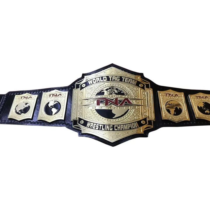 TNA World Tag Team title belt with gold plates and black leather strap from Wrestling Title Belts
