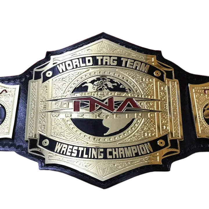 TNA World Tag Team title belt with gold plates and black leather strap by Wrestling Title Belts