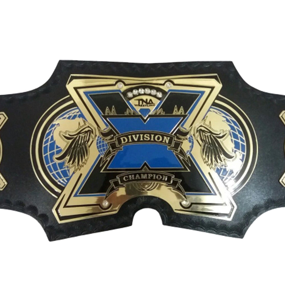 TNA X Division Championship Belt for sale with gold and blue design on black leather strap