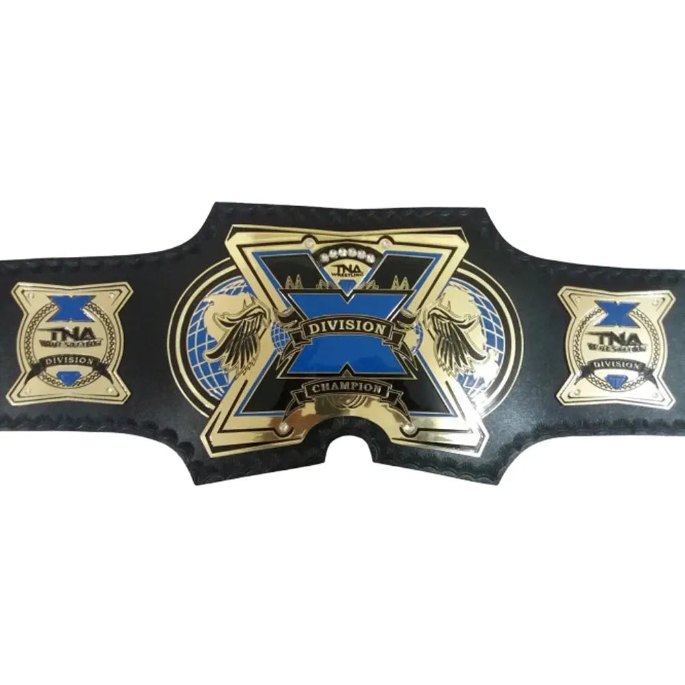 TNA X Division replica belt with gold and blue detailing on black leather strap from Wrestling Title Belts