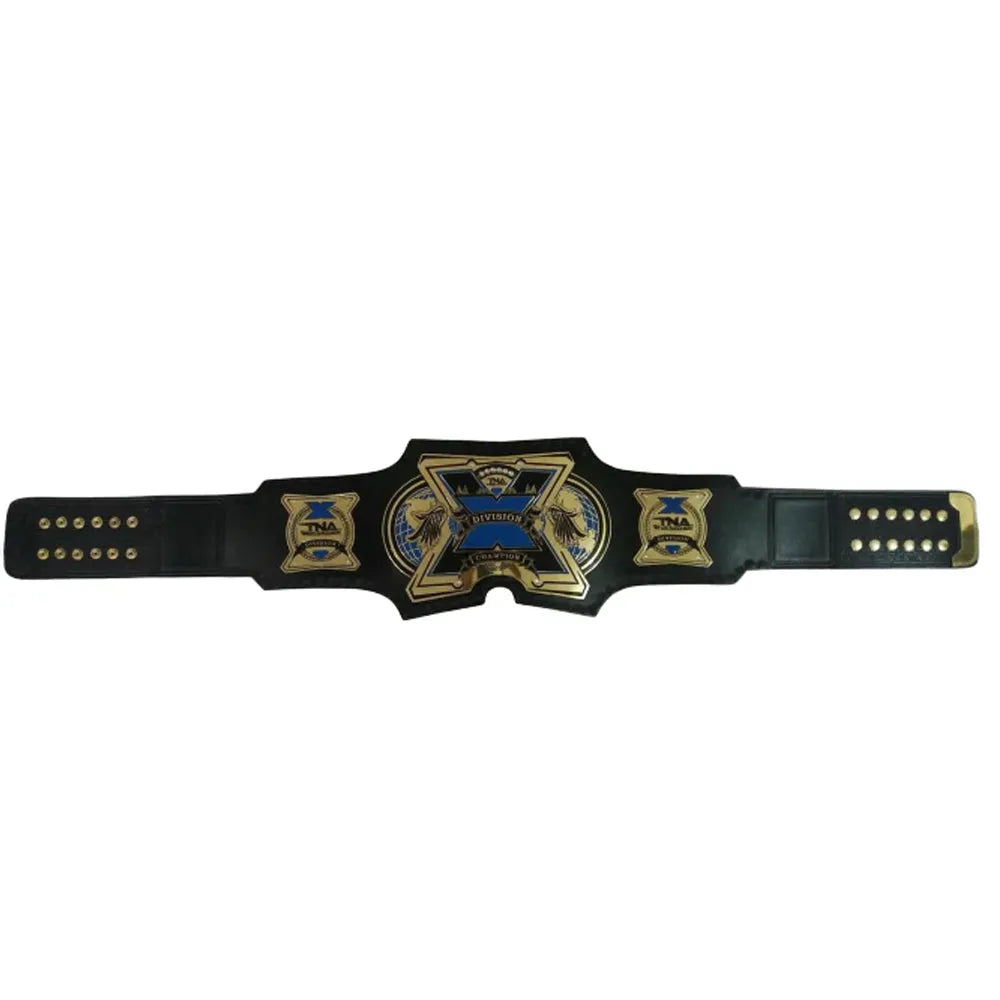 TNA X Division replica belt with black strap and gold blue detailed plates from Wrestling Title Belts