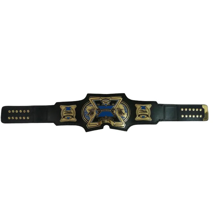 TNA X Division replica belt with black strap and gold blue detailed plates from Wrestling Title Belts