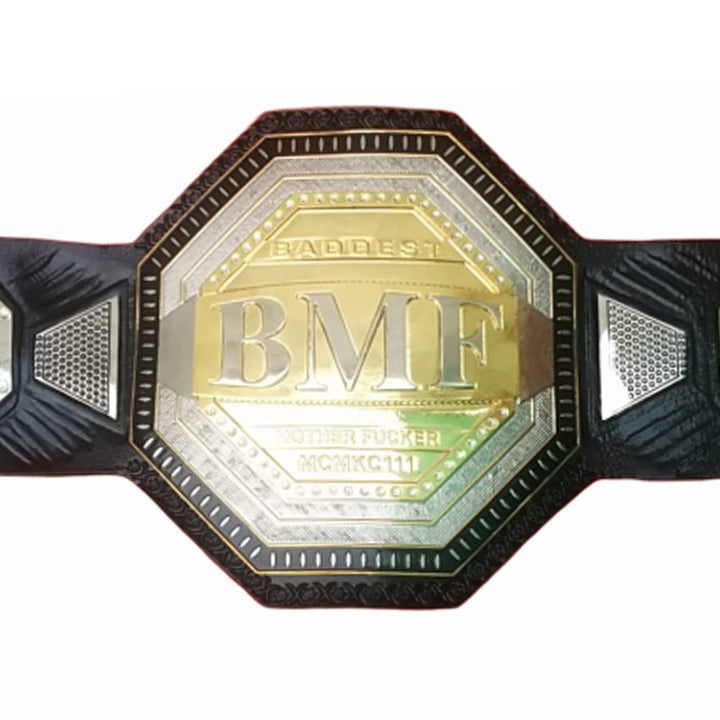 UFC BMF replica belt with gold and silver octagonal center plate on black leather strap