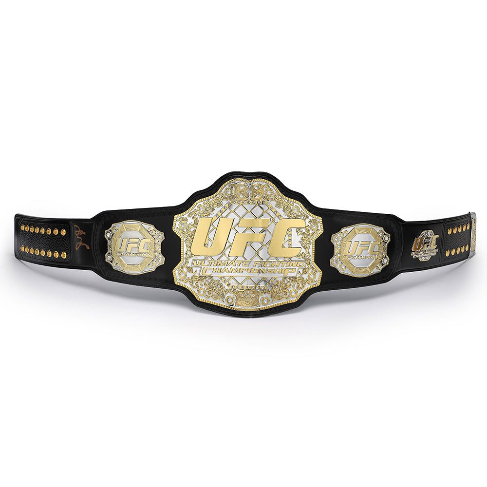 UFC BMF replica belt with gold and silver plates on black leather strap by Wrestling Title Belts