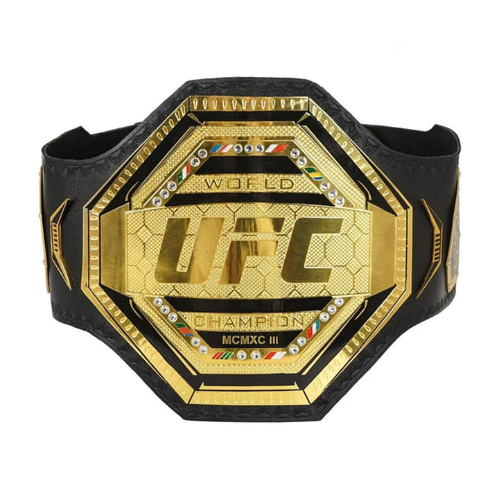 UFC championship replica belt with gold plating and black leather strap from Wrestling Title Belts