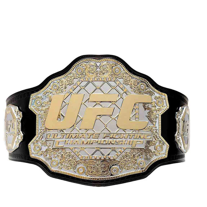 UFC heavyweight championship belt with gold and silver detailing featuring black leather strap